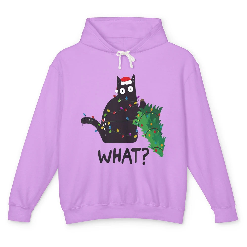 Black Cat Pushing Christmas Tree What Xmas Lights Santa Hat Unisex Lightweight Hoodie