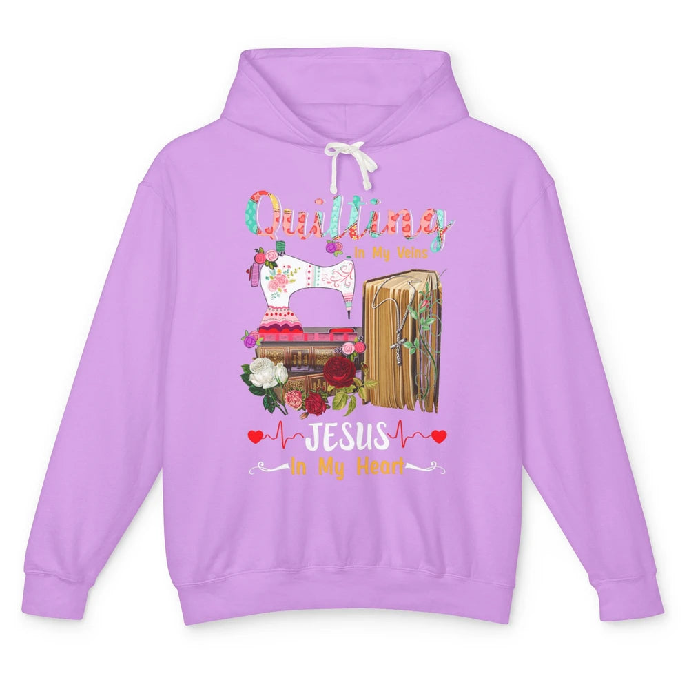 Quilting In My Veins Jesus In Heart Christian Retro Quilt Unisex Lightweight Hoodie