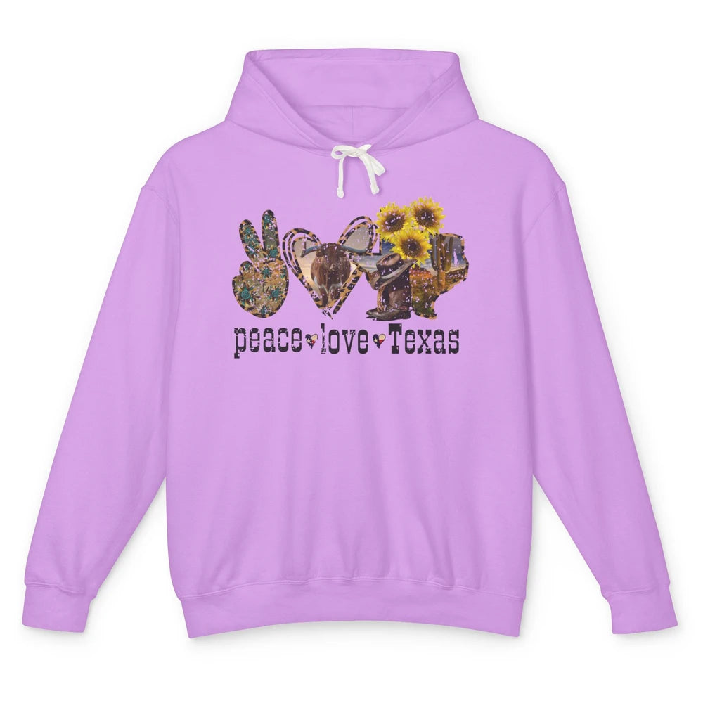 Retro Peace Love Texas Cowboy Boot Western Girl Cactus Lover Unisex Lightweight Hoodie