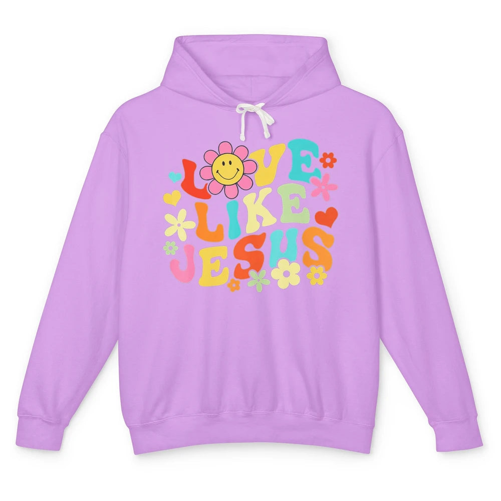 Retro Groovy Love Like Jesus Smiling Face Daisy Boho God Unisex Lightweight Hoodie