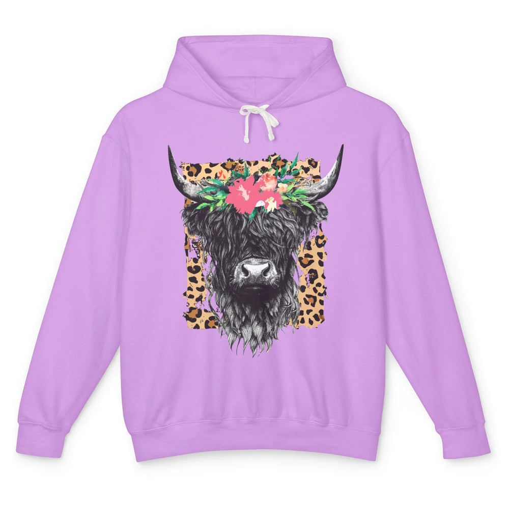 Leopard Floral Highland Cow Heifer Cattles Western Country Unisex Lightweight Hoodie