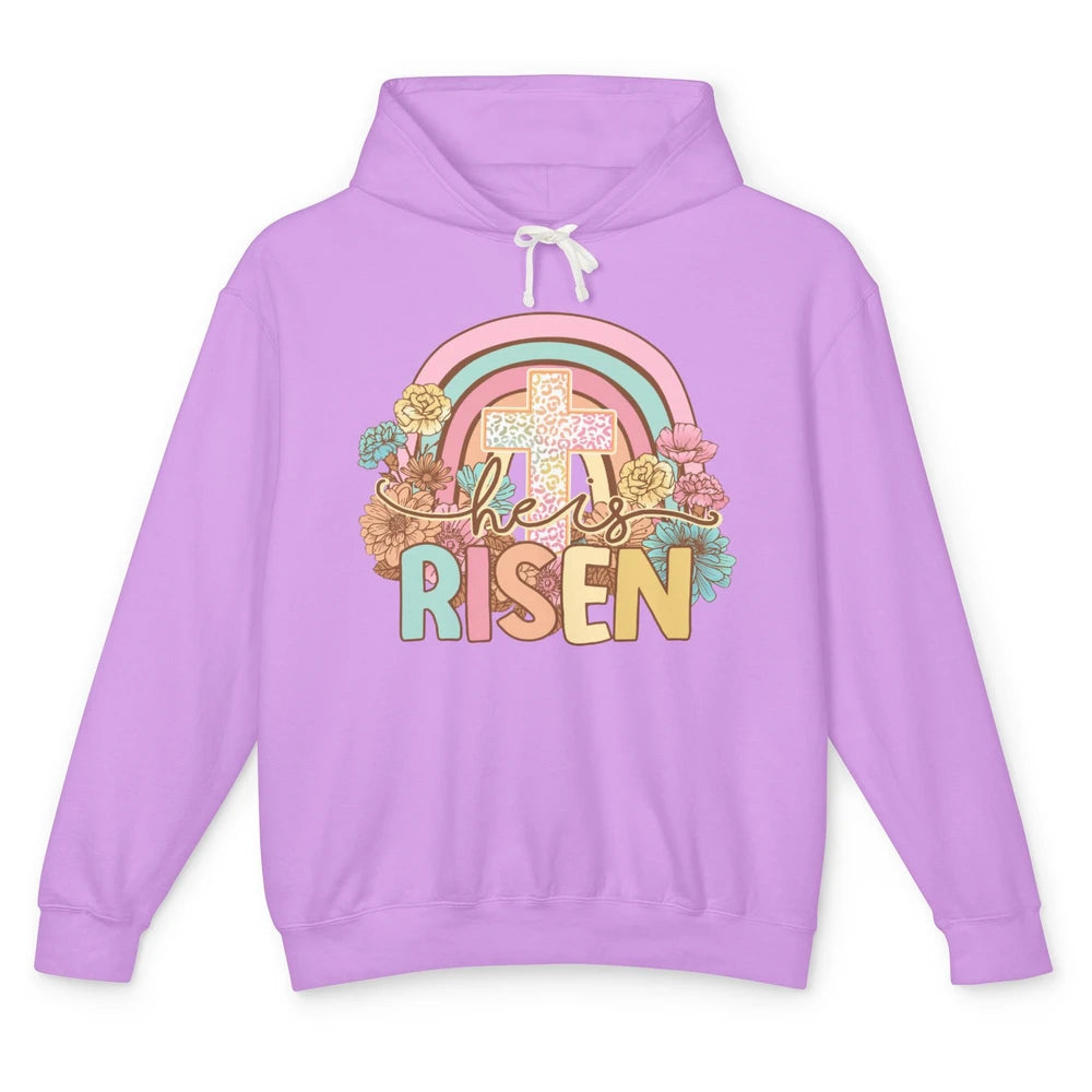 Leopard Rainbow Christian Cross He's Risen Western Religious Unisex Lightweight Hoodie