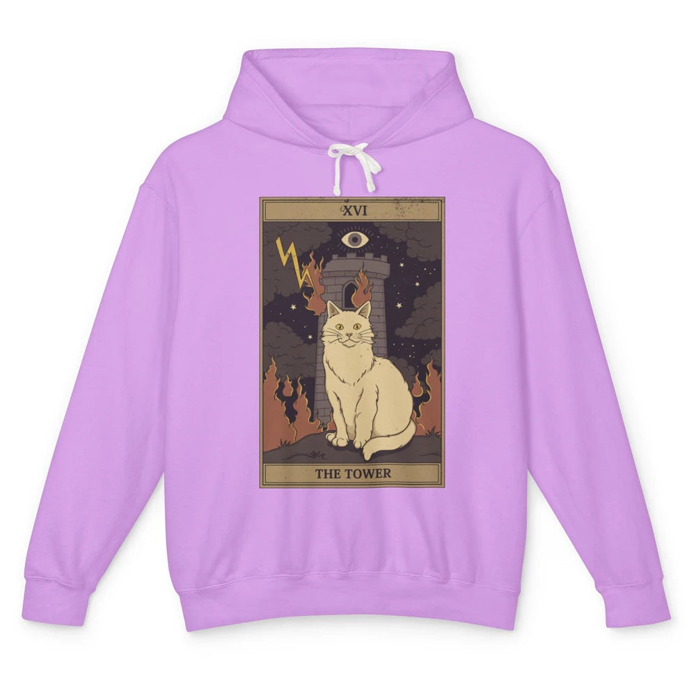 Retro Halloween Cat Witch The Tower Tarot Card Witchcraft Unisex Lightweight Hoodie