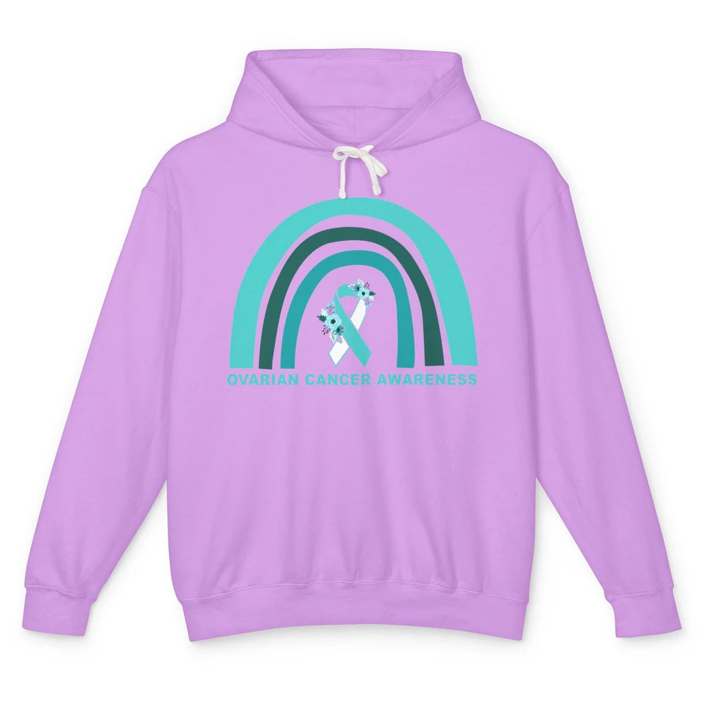 Ovarian Cancer Awareness Support Floral Turquoise Rainbow Unisex Lightweight Hoodie