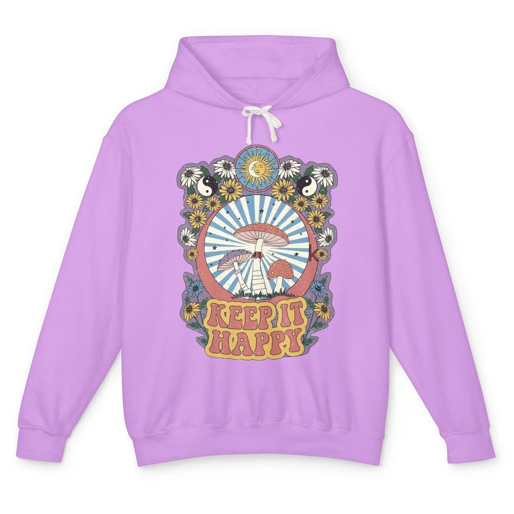 Retro Groovy Keep It Happy Mushroom Daisy Sun Positive Mind Unisex Lightweight Hoodie
