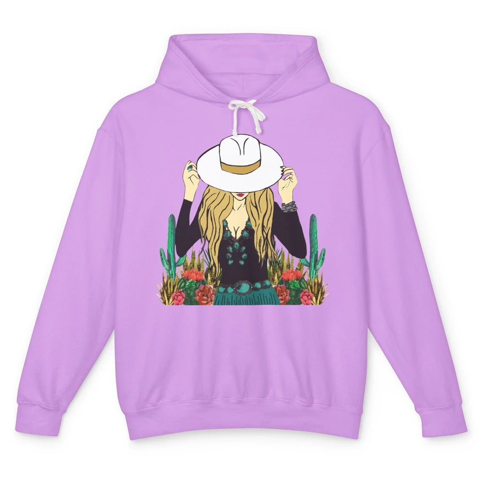 Retro Blonde Cowgirl Punchy Cowhide Turquoise Western Cowboy Unisex Lightweight Hoodie