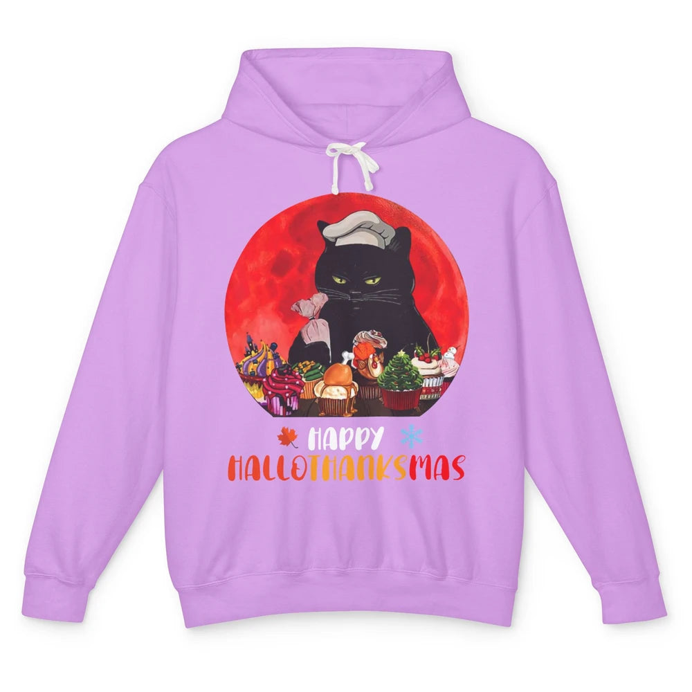 Black Cat Happy Hallothanksmas Baker Cat Halloween Christmas Unisex Lightweight Hoodie