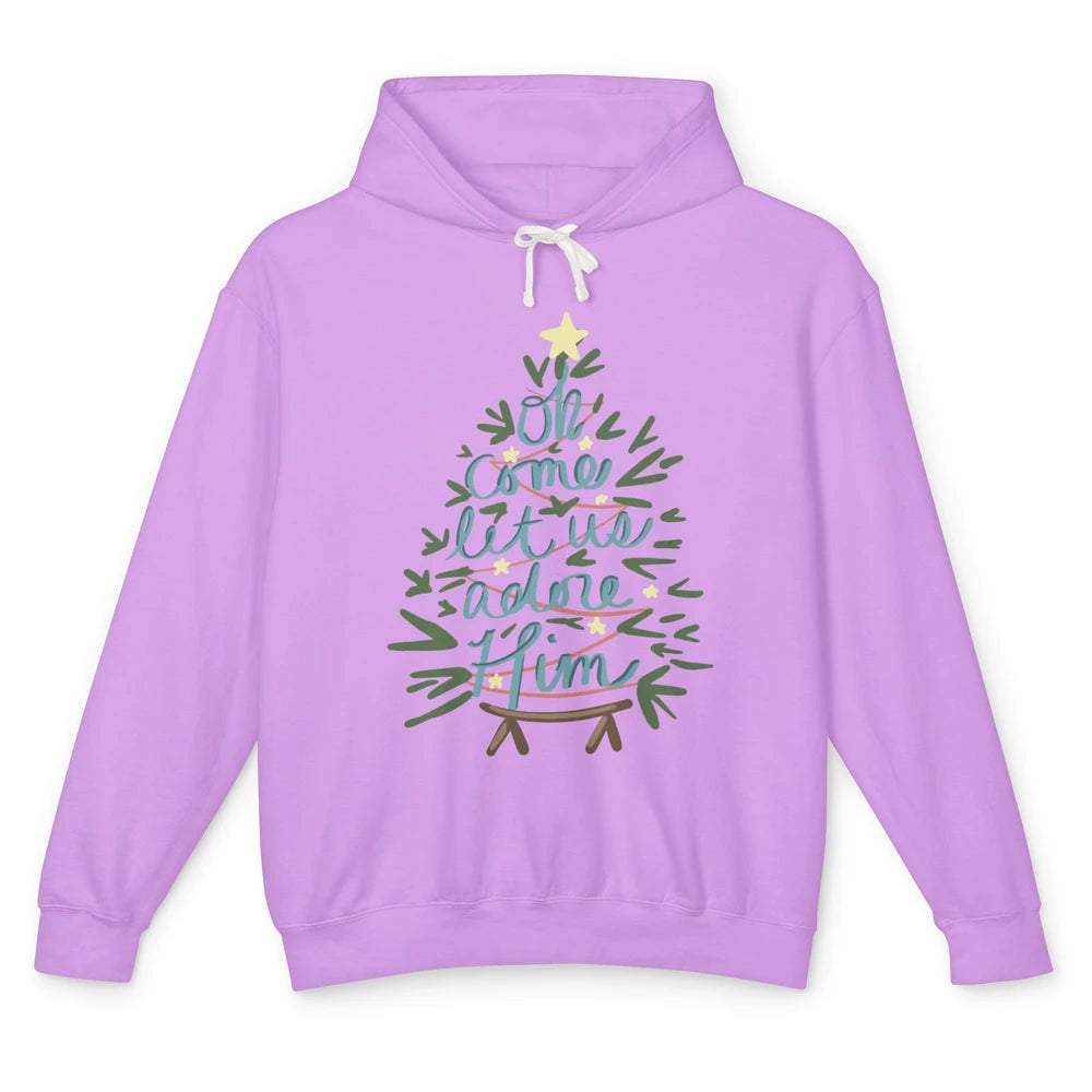 Oh Come Let Us Adore Him Groovy Christmas Tree Church Xmas Unisex Lightweight Hoodie