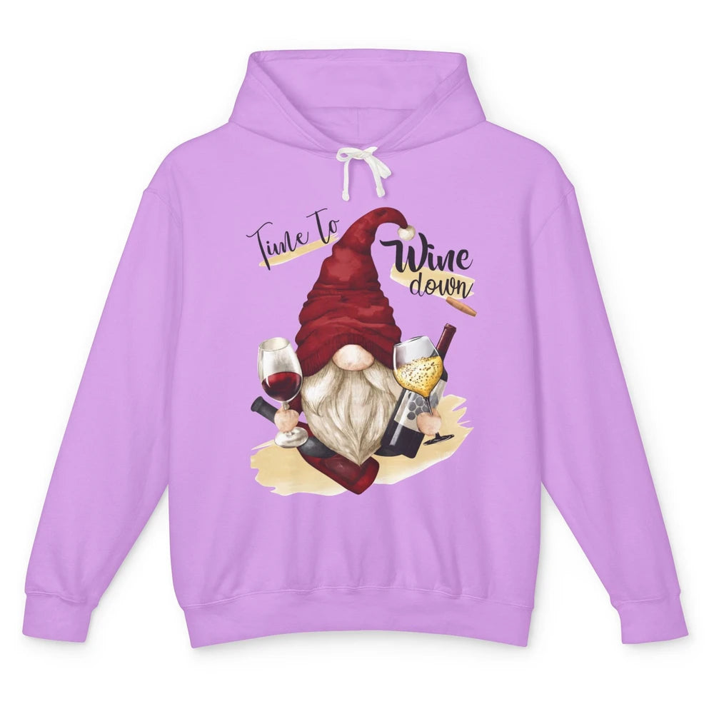 Christmas Gnome Wine It's Time to Wine Down Winter Holiday Unisex Lightweight Hoodie