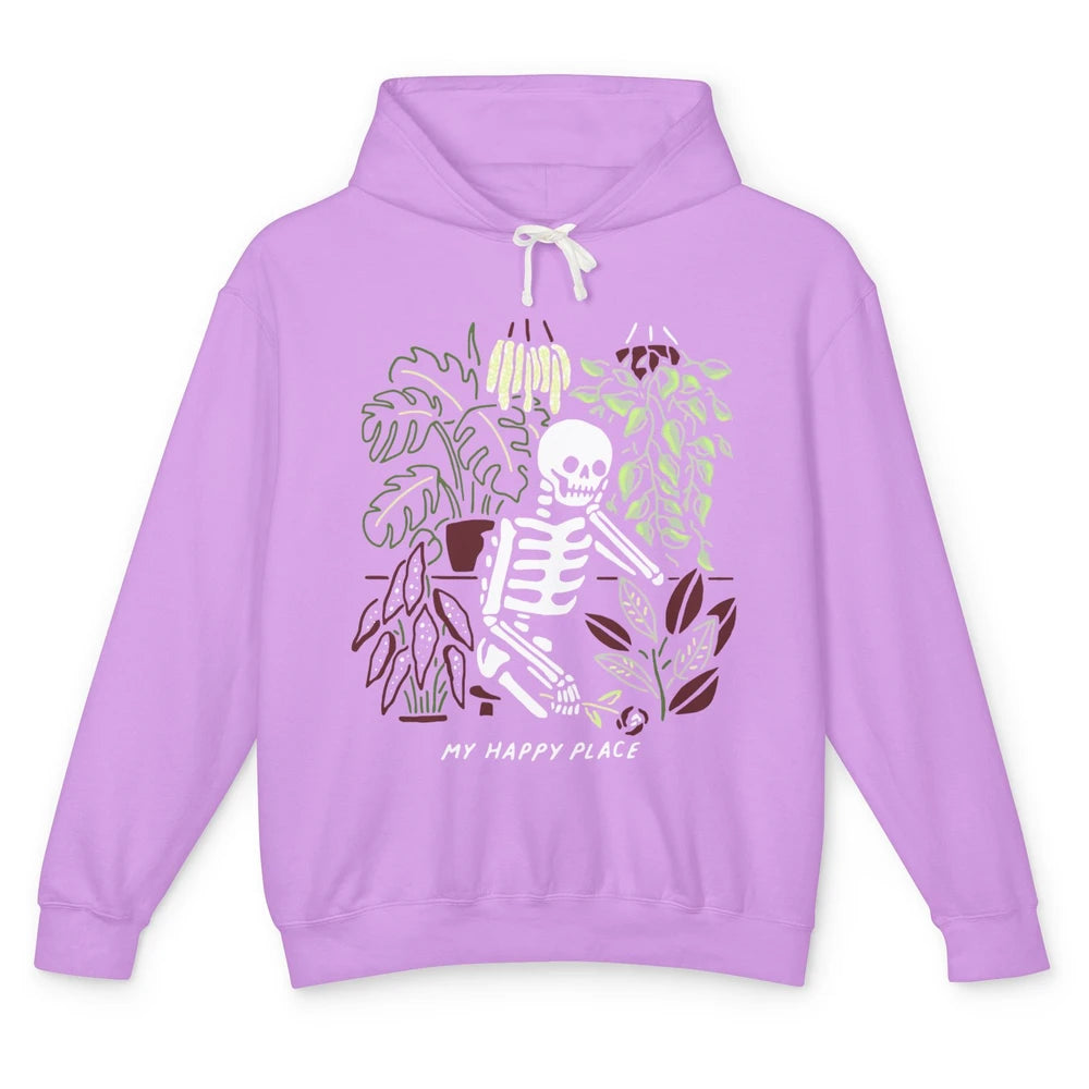 Retro Funny Skeleton Gardening My Happy Place Plant Lovers Unisex Lightweight Hoodie