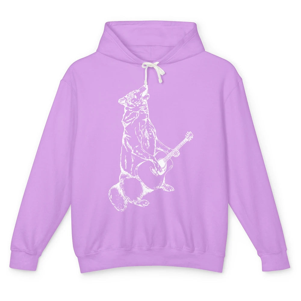 Retro Howling Wolf Playing Guitar Musician Guitarist Music Unisex Lightweight Hoodie