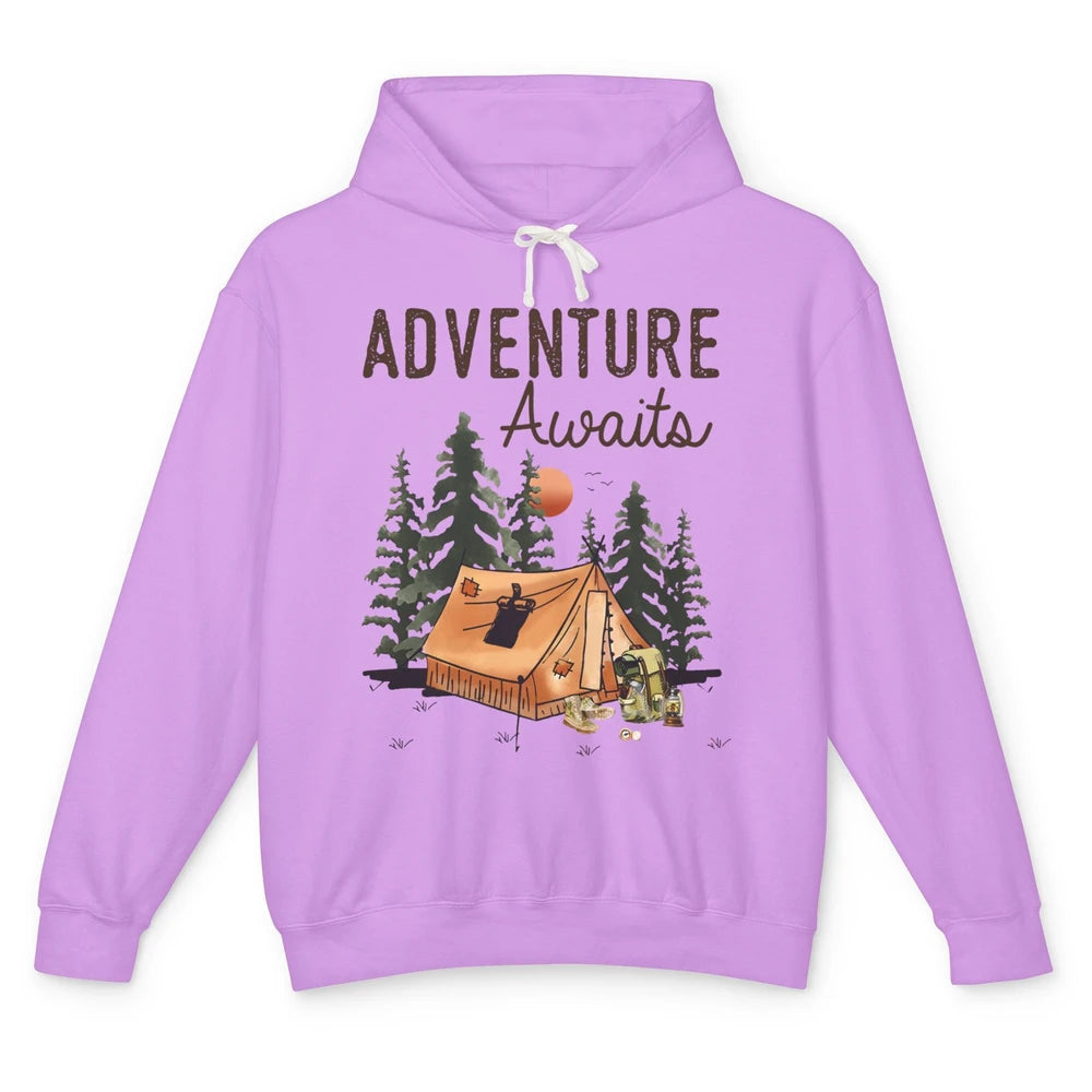 Retro Camping Tent Mountain Sunset Adventure Awaits Campers Unisex Lightweight Hoodie