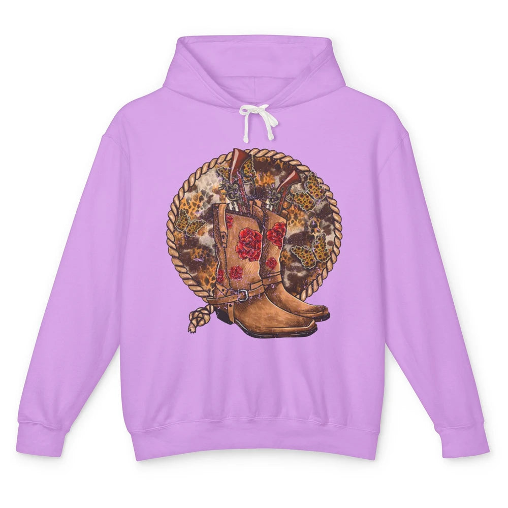 Retro Leopard Cowgirl Boots Sunflower Rodeo Western Country Unisex Lightweight Hoodie