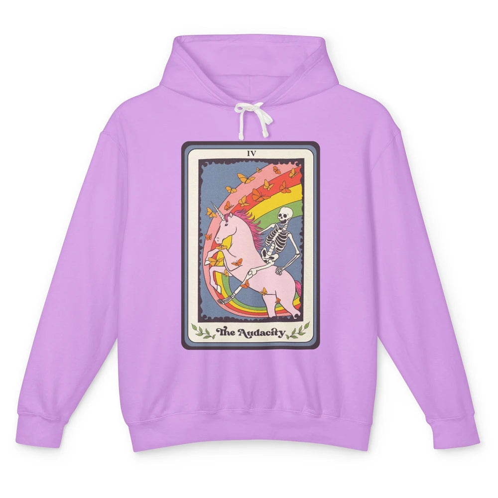 Retro Skeleton Rides Unicorn The Audacity Tarot Card Rainbow Unisex Lightweight Hoodie