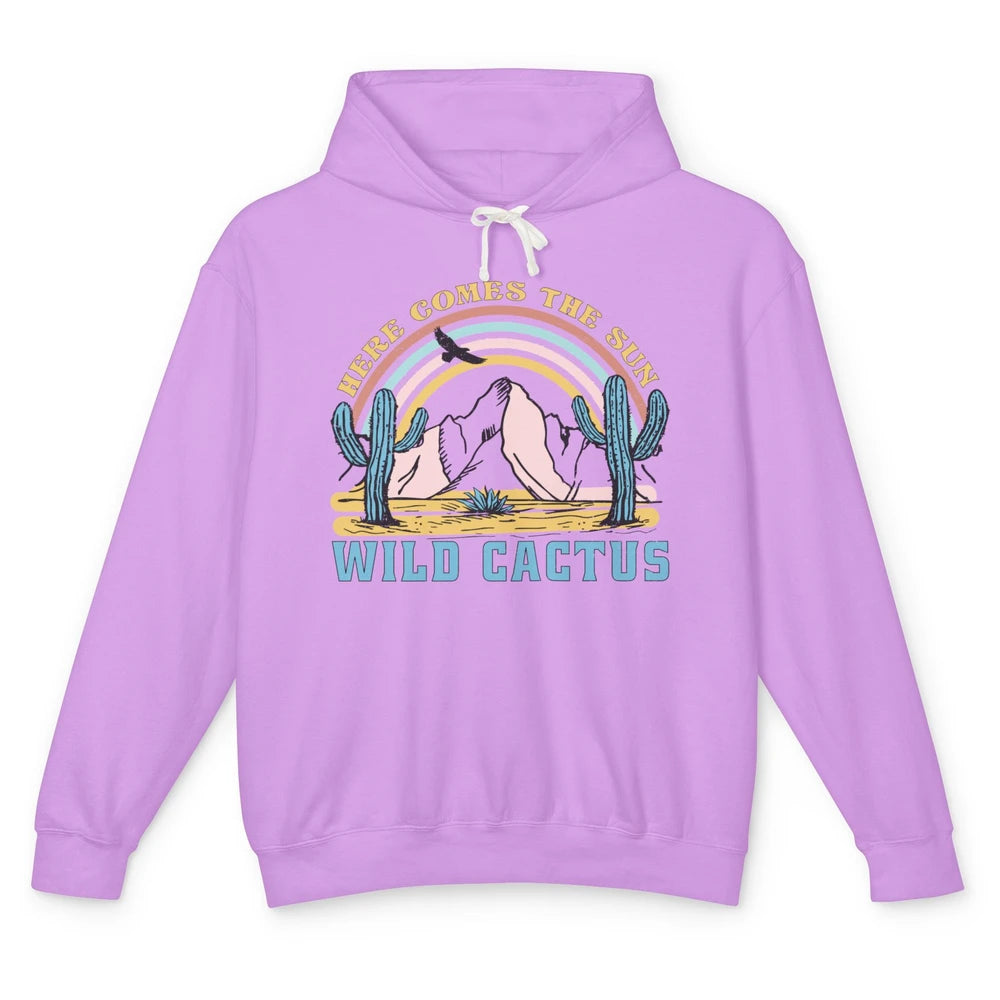 Retro Rainbow Here Come The Sun Wild cactus Desert Western Unisex Lightweight Hoodie