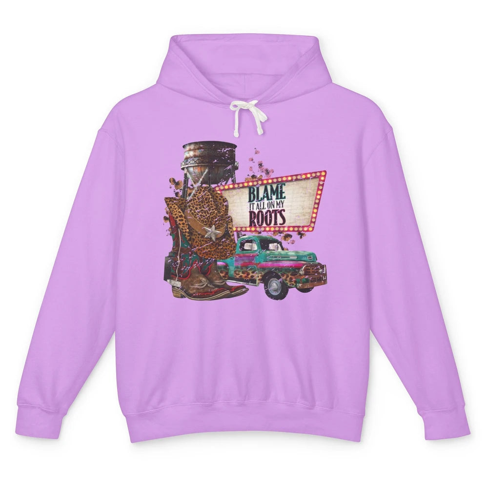 Retro Leopard Cowboy Boots Hat Blame It On My Roots Western Unisex Lightweight Hoodie