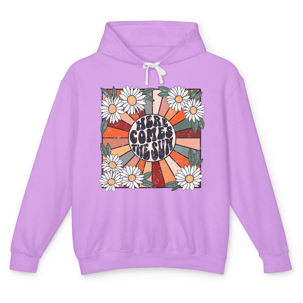 Retro Daisy Rainbow Sunrise Here Comes The Sun Hippie Girl Unisex Lightweight Hoodie