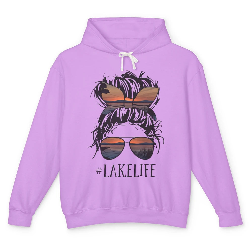 Lake Life Messy Bun Hair Girl Women Retro Lake Summer Gift Unisex Lightweight Hoodie