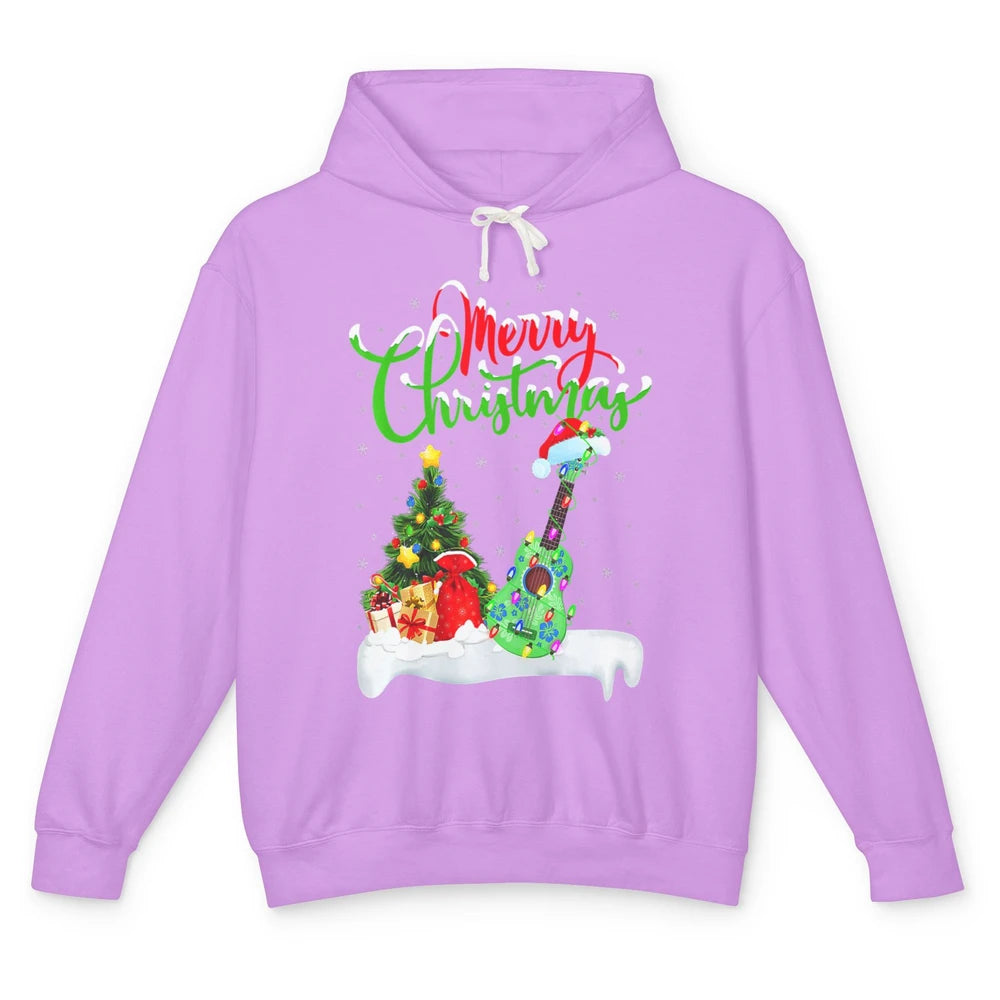Merry Christmas Funny Ukulele Xmas Lights Santa Hat Music Unisex Lightweight Hoodie