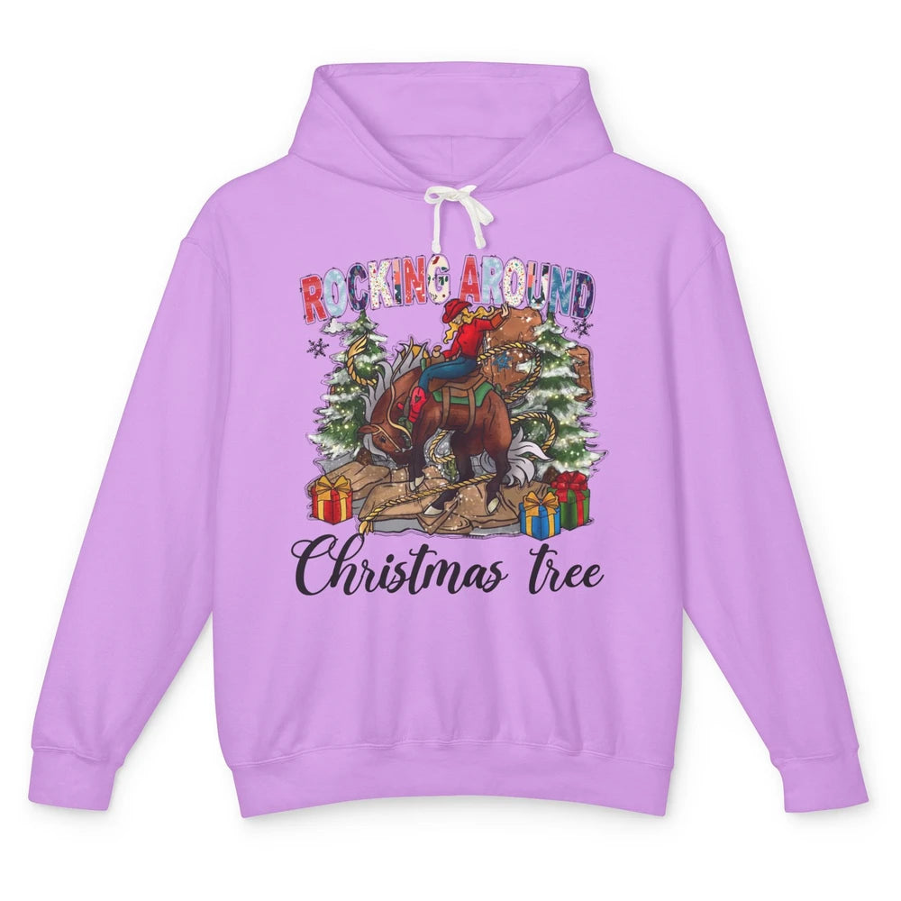 Funny Cowgirl Horsing Rocking Around Christmas Tree Western Unisex Lightweight Hoodie