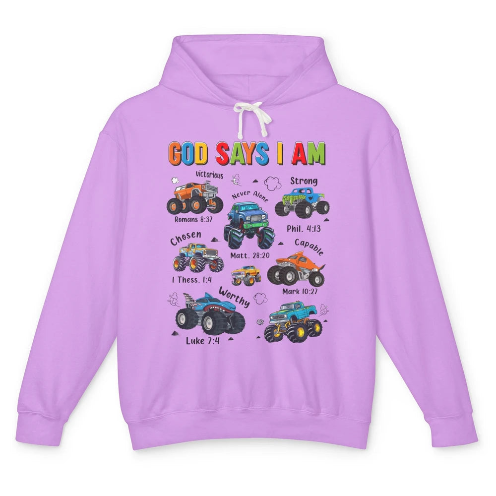 Monster Truck Christian God Say I'm Bible Verse Construction Unisex Lightweight Hoodie