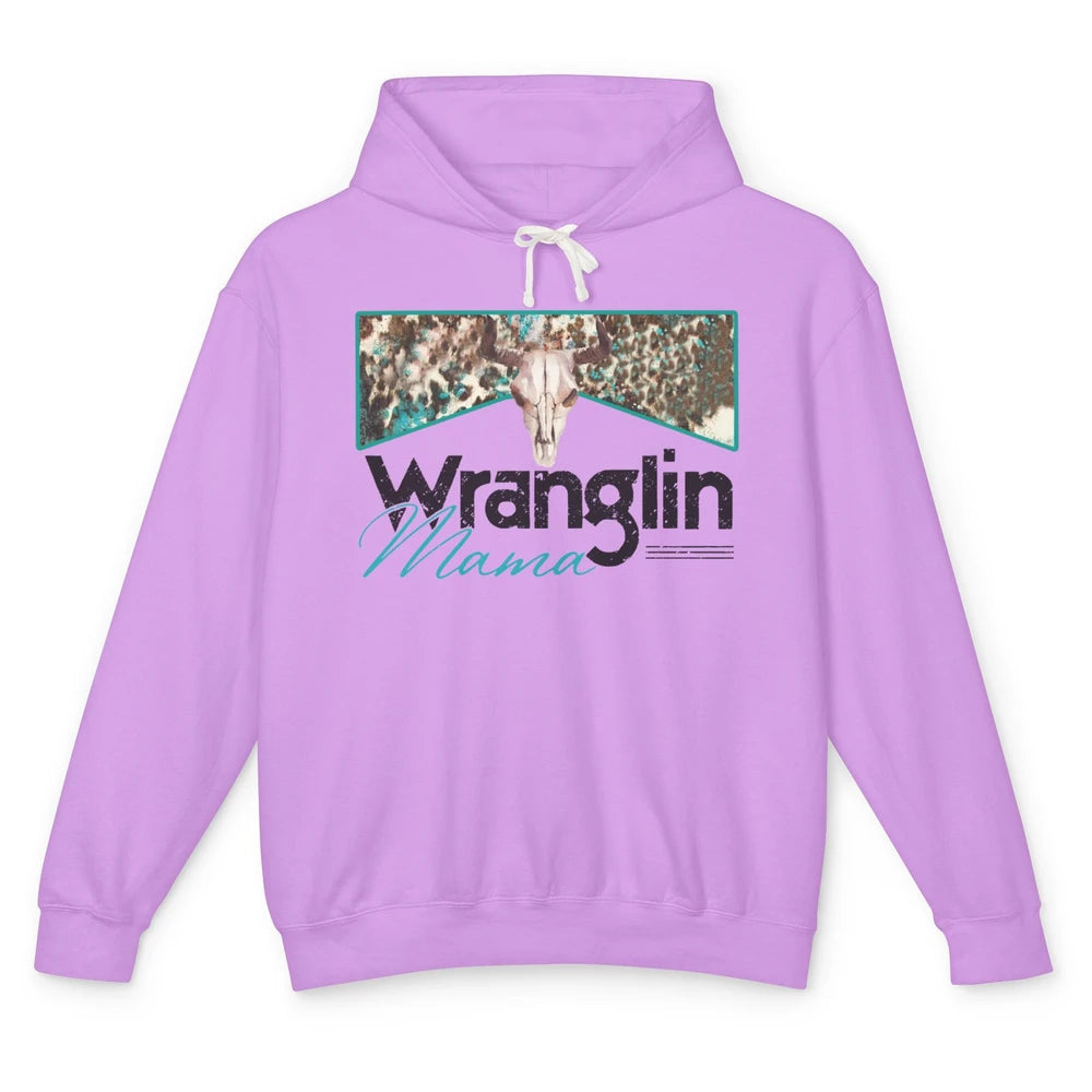 Retro Cowhide Bull Skull Wrangling Mama Western Country Girl Unisex Lightweight Hoodie