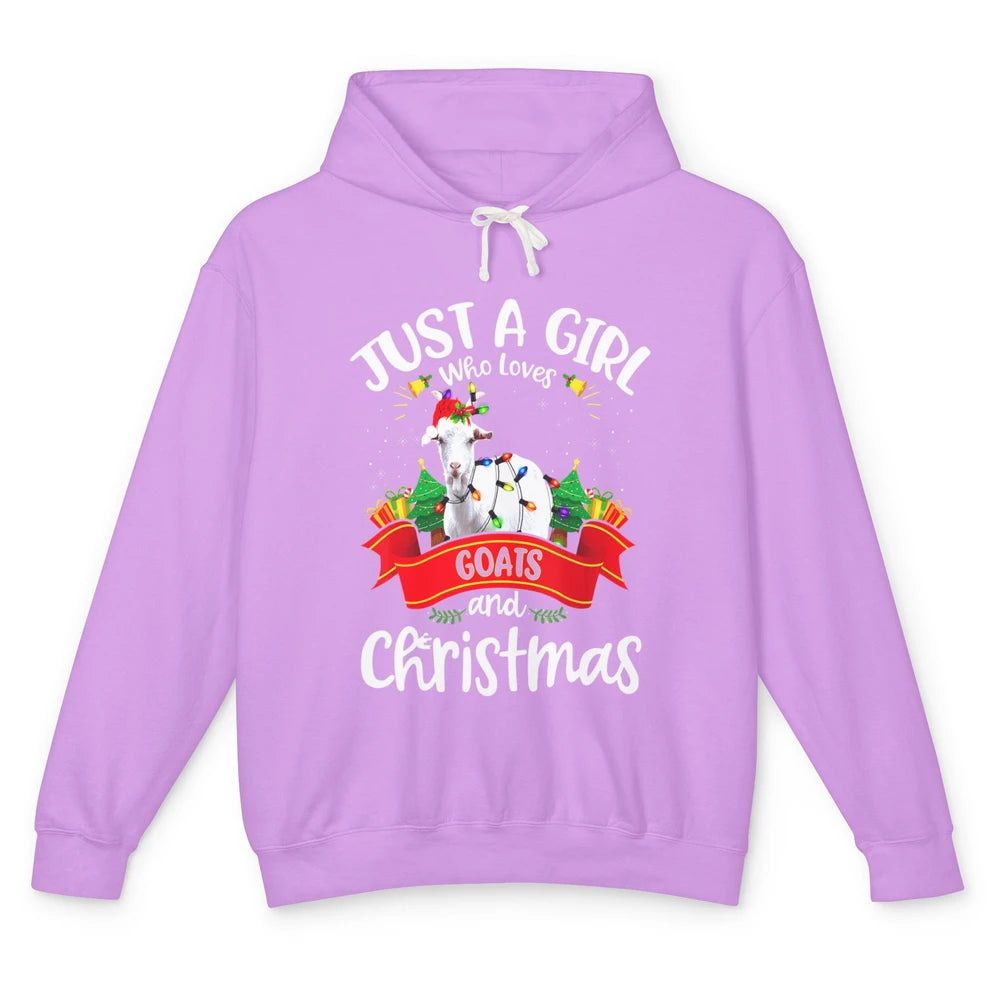 Merry Christmas Just Girl Loves Goat And Xmas Tree Lights Unisex Lightweight Hoodie