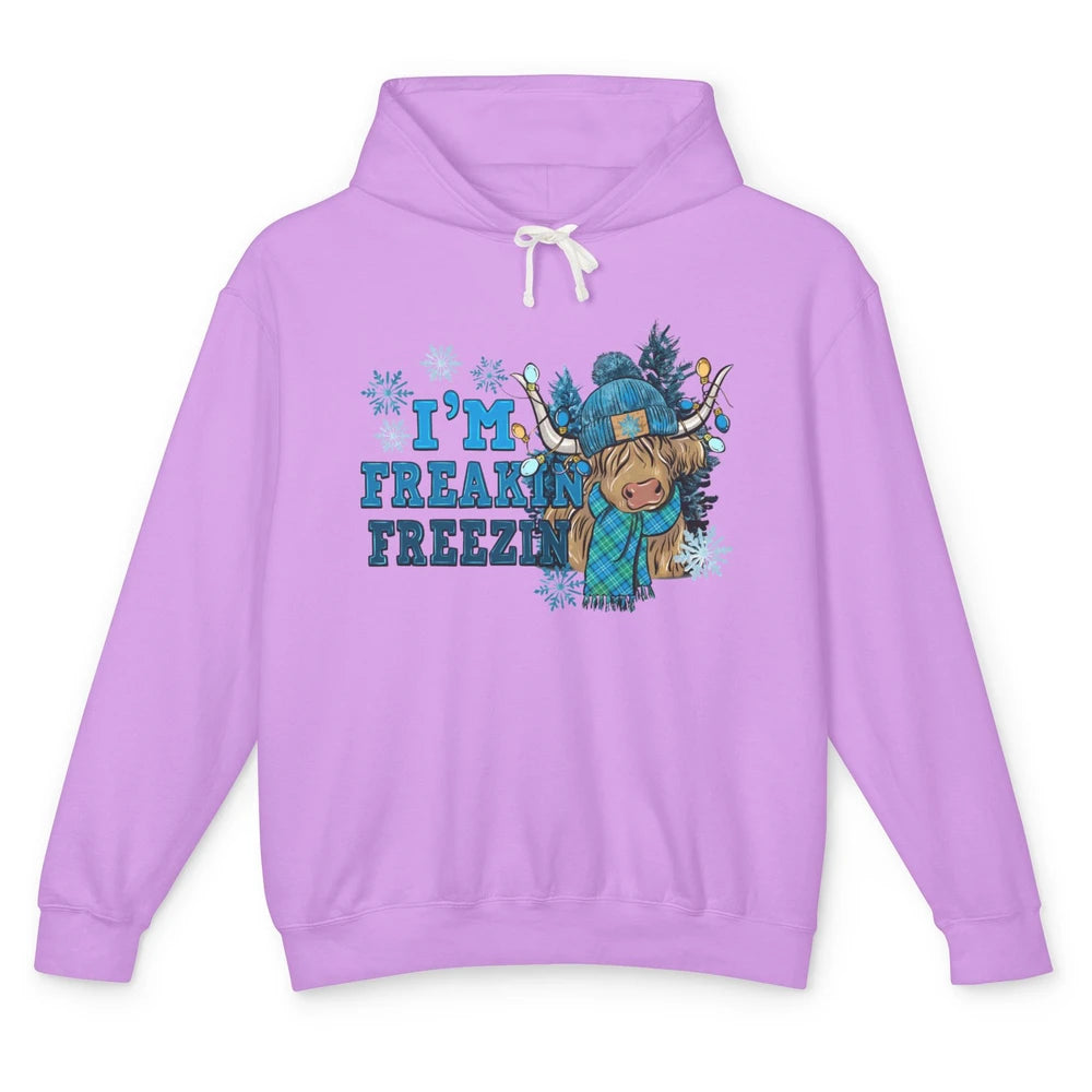 Funny Christmas Highland Cow I'm Freaking Freezing Western Unisex Lightweight Hoodie