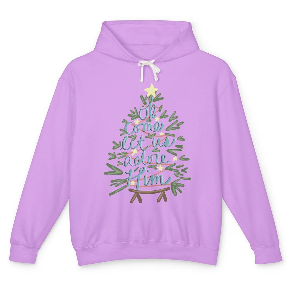 Retro Christmas Tree Oh Come Let Us Adore Him Groovy Xmas Unisex Lightweight Hoodie