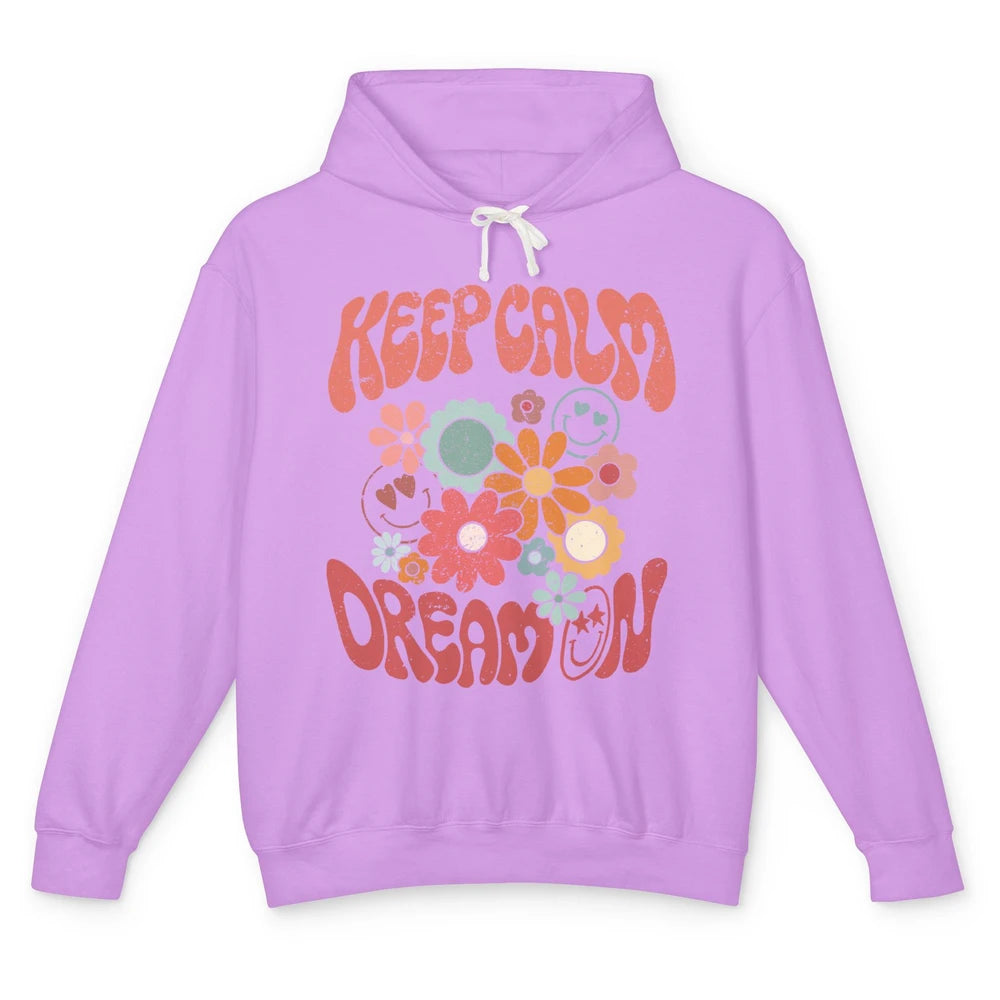 Retro Flower Keep Calm Dream On Hippie Girl Inspirational Unisex Lightweight Hoodie