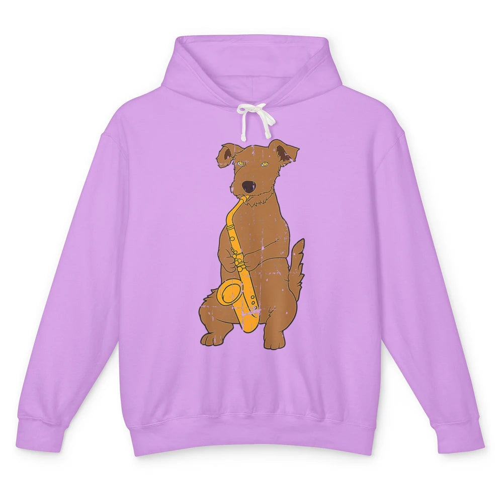 Funny Dog Vintage Jazz Puppy Musician Musical Note Saxophone Unisex Lightweight Hoodie