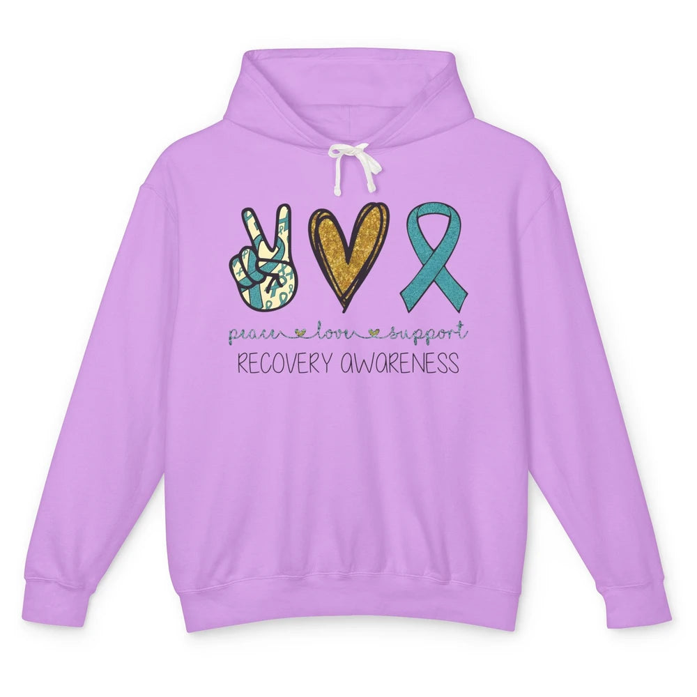 Peace Love Support Addiction Recovery Awareness Blue Ribbon Unisex Lightweight Hoodie