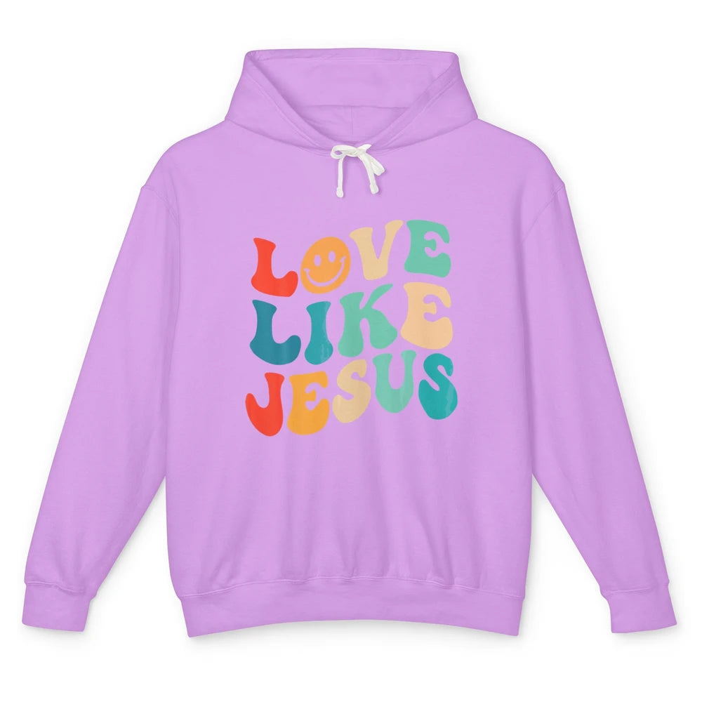 Retro Groovy Love Like Jesus Smiling Face Christ Faith God Unisex Lightweight Hoodie