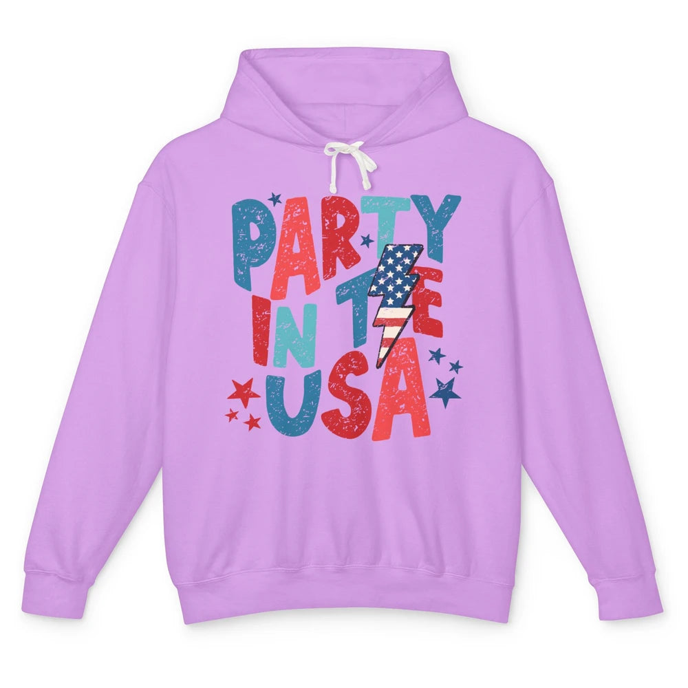 Party In The USA US Flag Lightning Bolt July 4th US Patriot Unisex Lightweight Hoodie