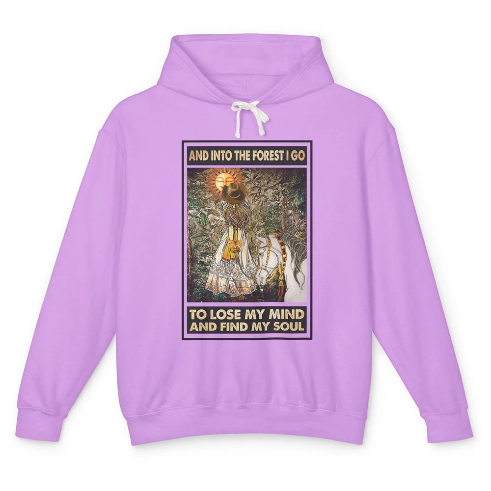 Retro Cowgirl Into Forest I Go Peace Hippie Girl Horse Lover Unisex Lightweight Hoodie