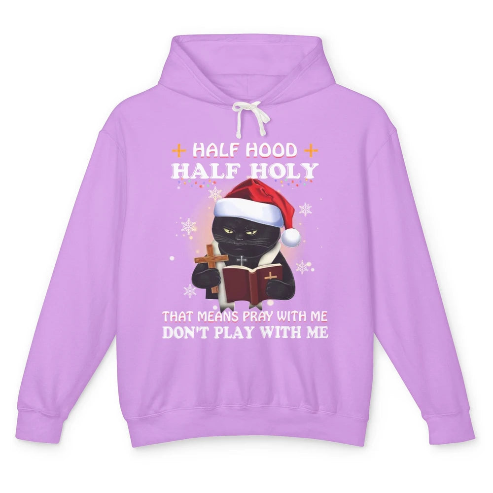 Black Cat Santa Half Hood Half Holly Christmas Bible Verse Unisex Lightweight Hoodie