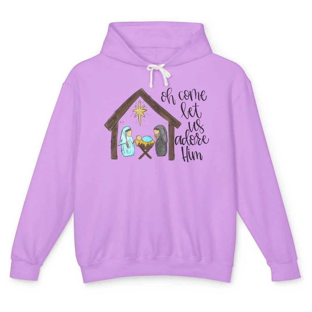 Retro Christmas Church Oh Come Let Us Adore Him Hand Drawing Unisex Lightweight Hoodie
