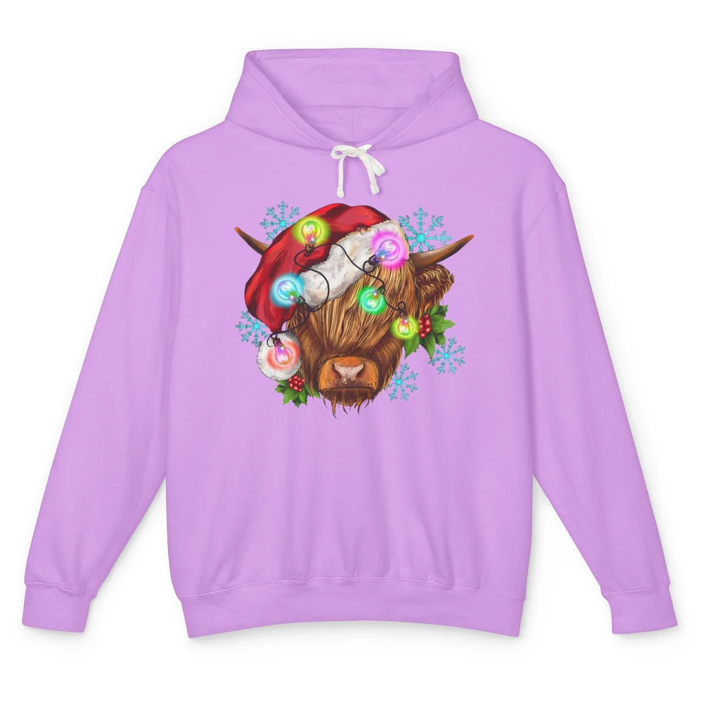 Christmas Highland Cow Xmas Light Western Christmas Cow Unisex Lightweight Hoodie