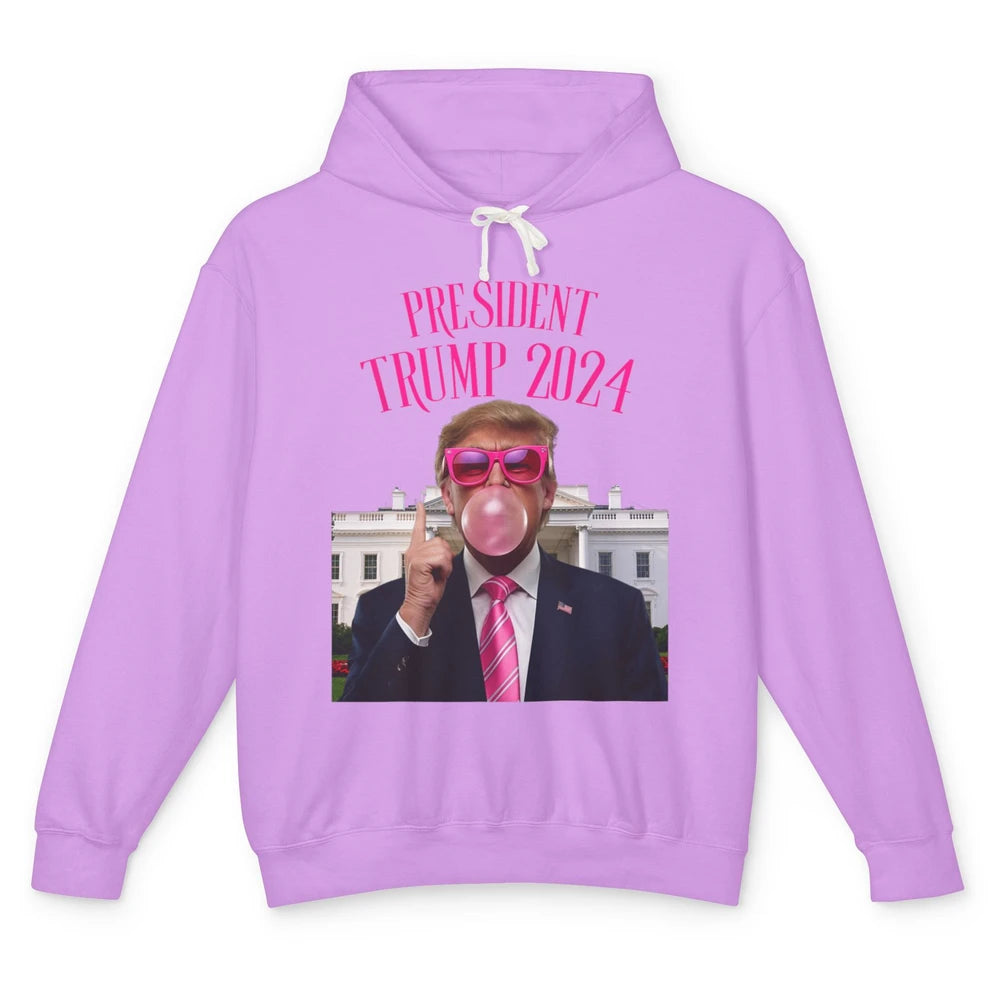President Trump 2024 Blowing Bubble Gum Funny Trump Won Sarcastic Chewing Gum Pink Sunglasses Political Unisex Lightweight Hoodie