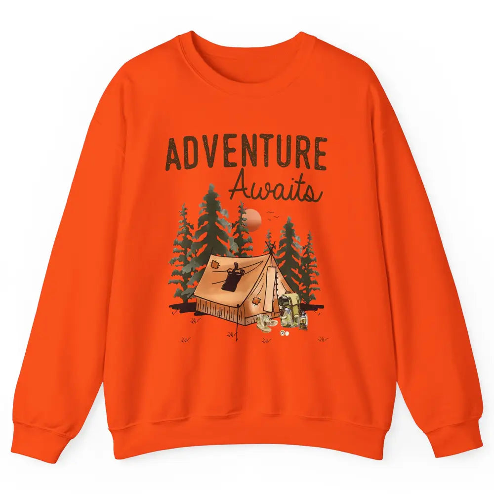 Retro Camping Tent Mountain Sunset Adventure Awaits Campers Unisex Crewneck Sweatshirt