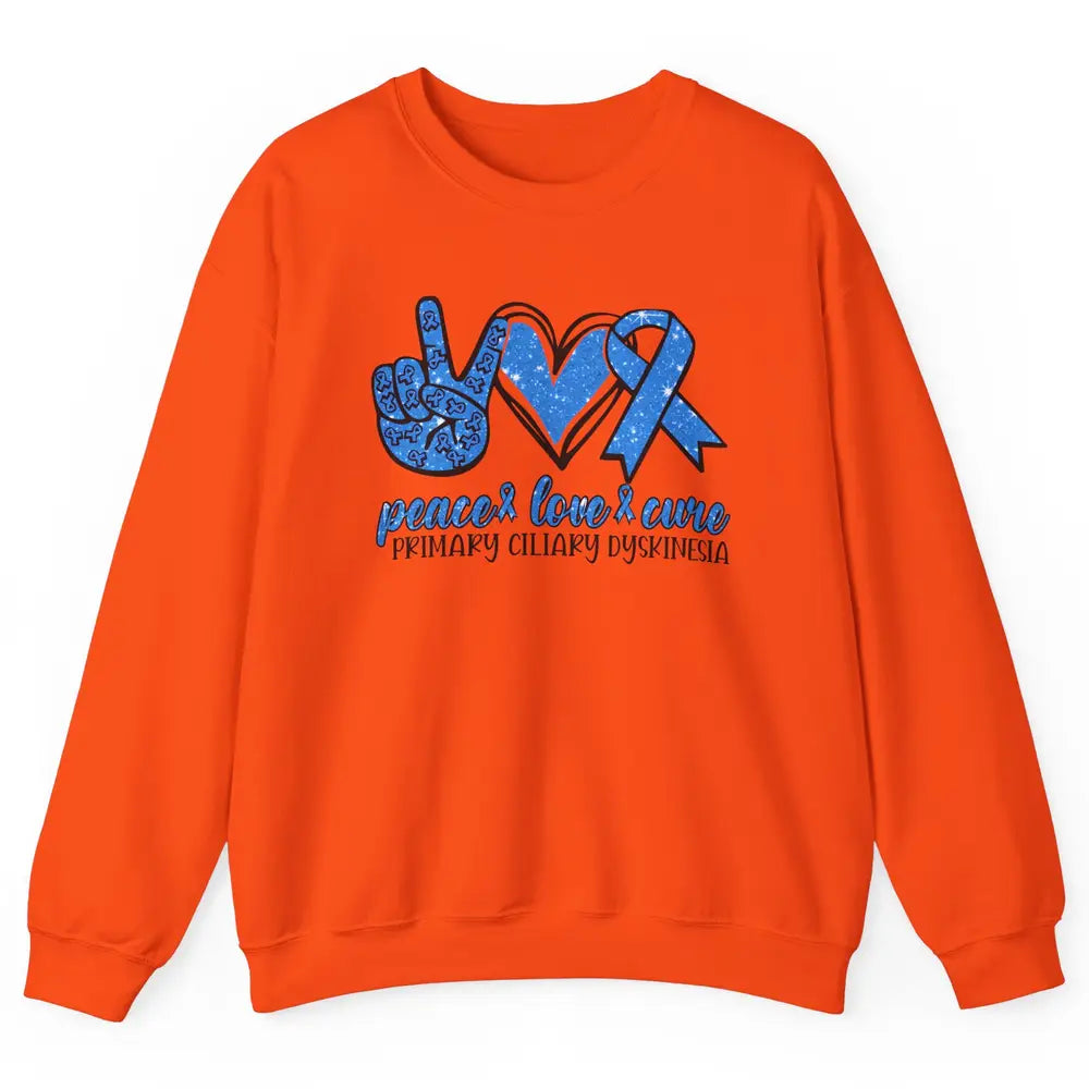 Primary Ciliary Dyskinesia Peace Love Cure Blue Ribbon Unisex Crewneck Sweatshirt