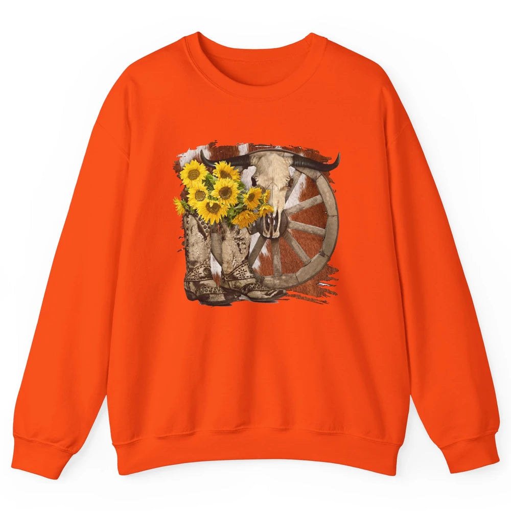 Retro Sunflower Cowgirl Boots Cow Skull Western Country Girl Unisex Crewneck Sweatshirt