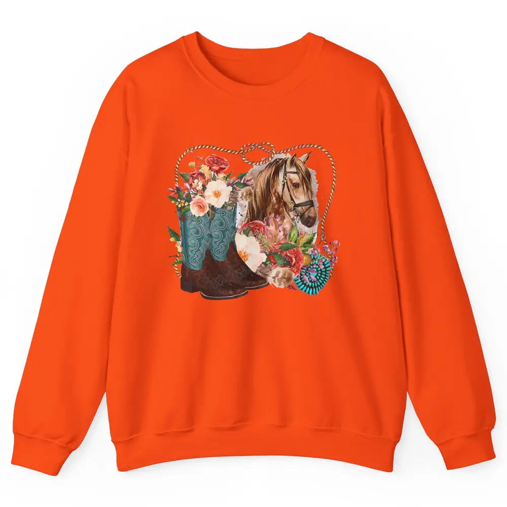 Retro Floral Cowboy Boots And Horse Western Country Cowgirl Unisex Crewneck Sweatshirt