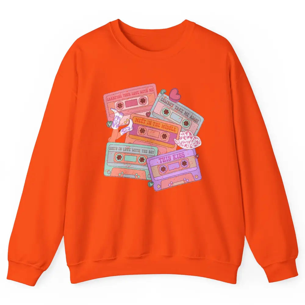 Retro Cowgirl Cassette 90s Western Country Boots Music Boho Unisex Crewneck Sweatshirt