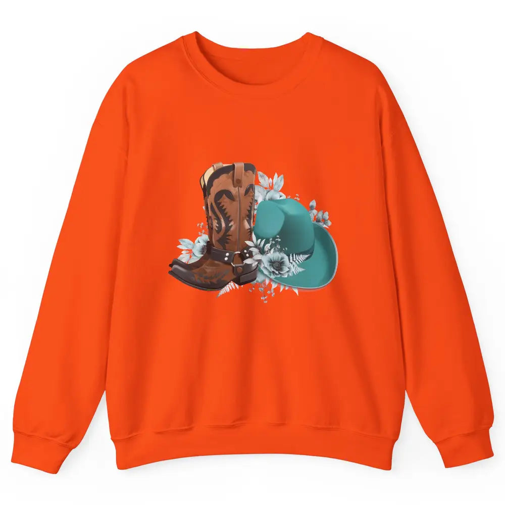 Retro Cowgirl Floral Turquoise Cowboy Boots Rodeo Western Unisex Crewneck Sweatshirt