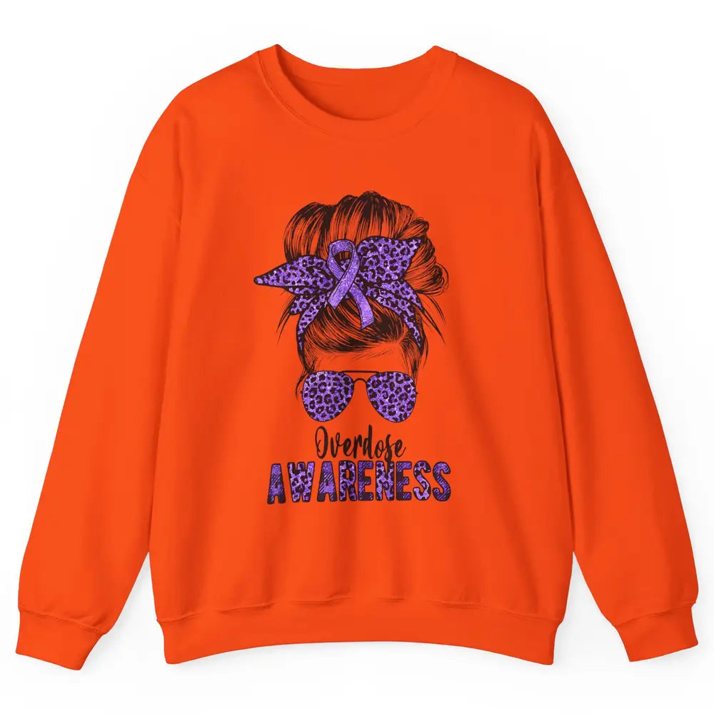 Overdose Awareness Messy Hair Bun Purple Leopard Warrior Unisex Crewneck Sweatshirt