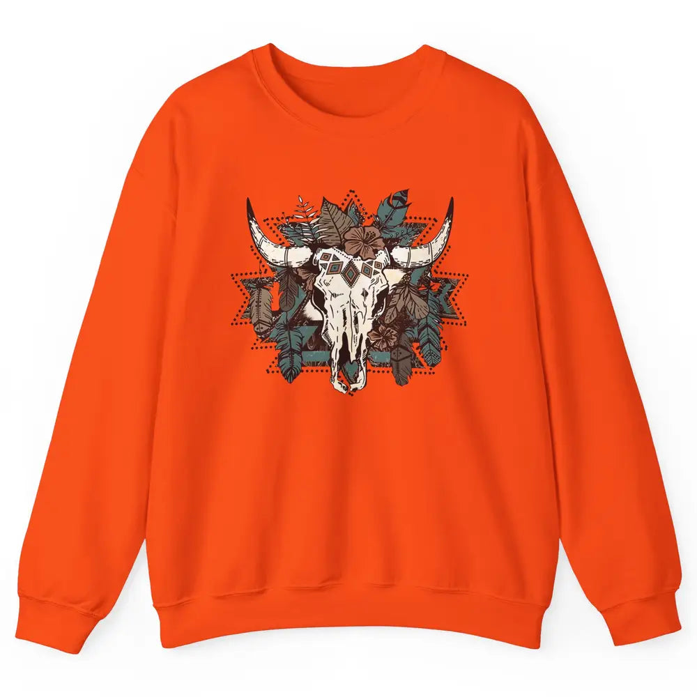 Retro Boho Bull Skull Aztec Desert Cactus Western Country Unisex Crewneck Sweatshirt