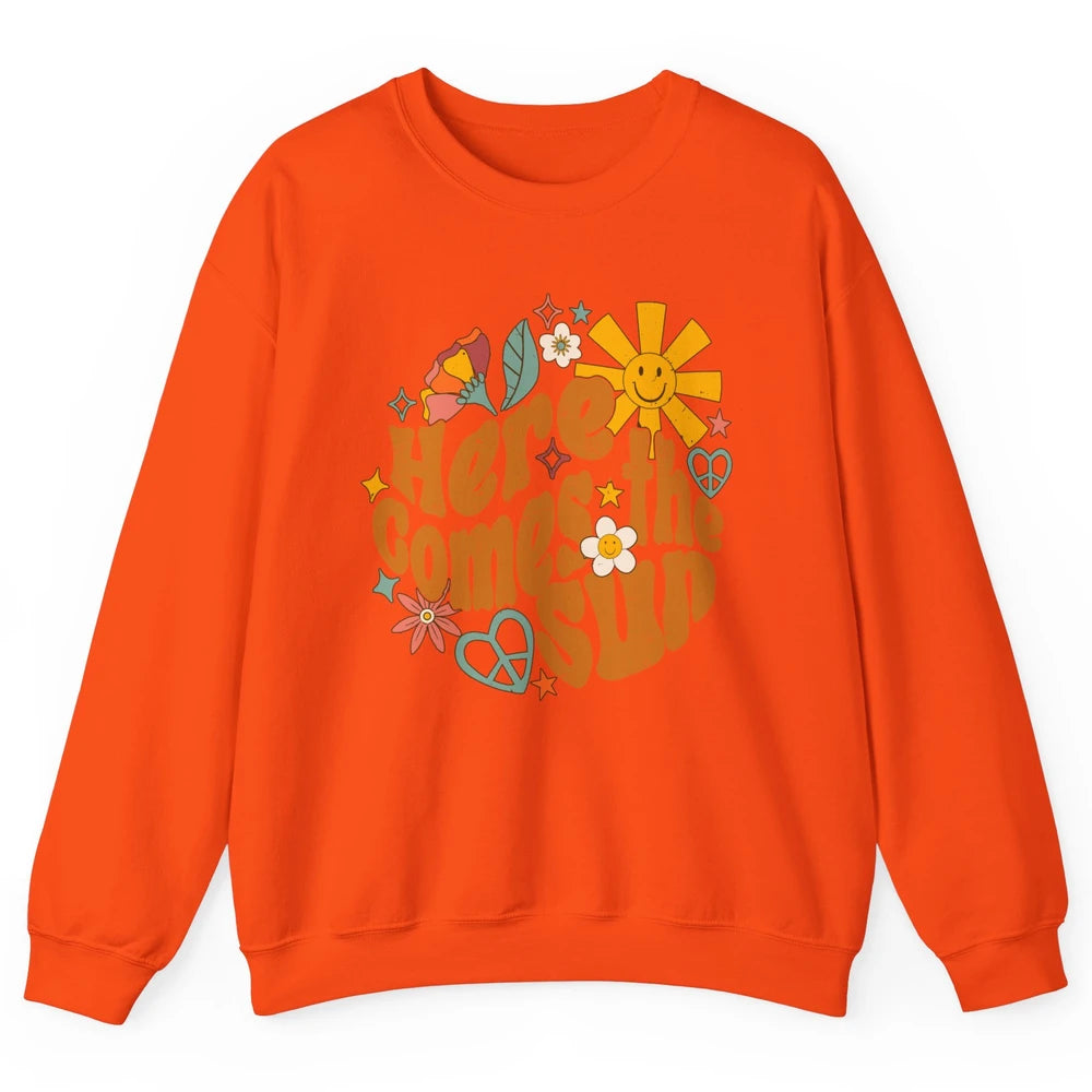 Retro Daisy Rainbow Sunrise Here Comes The Sun Hippie Girl Unisex Crewneck Sweatshirt