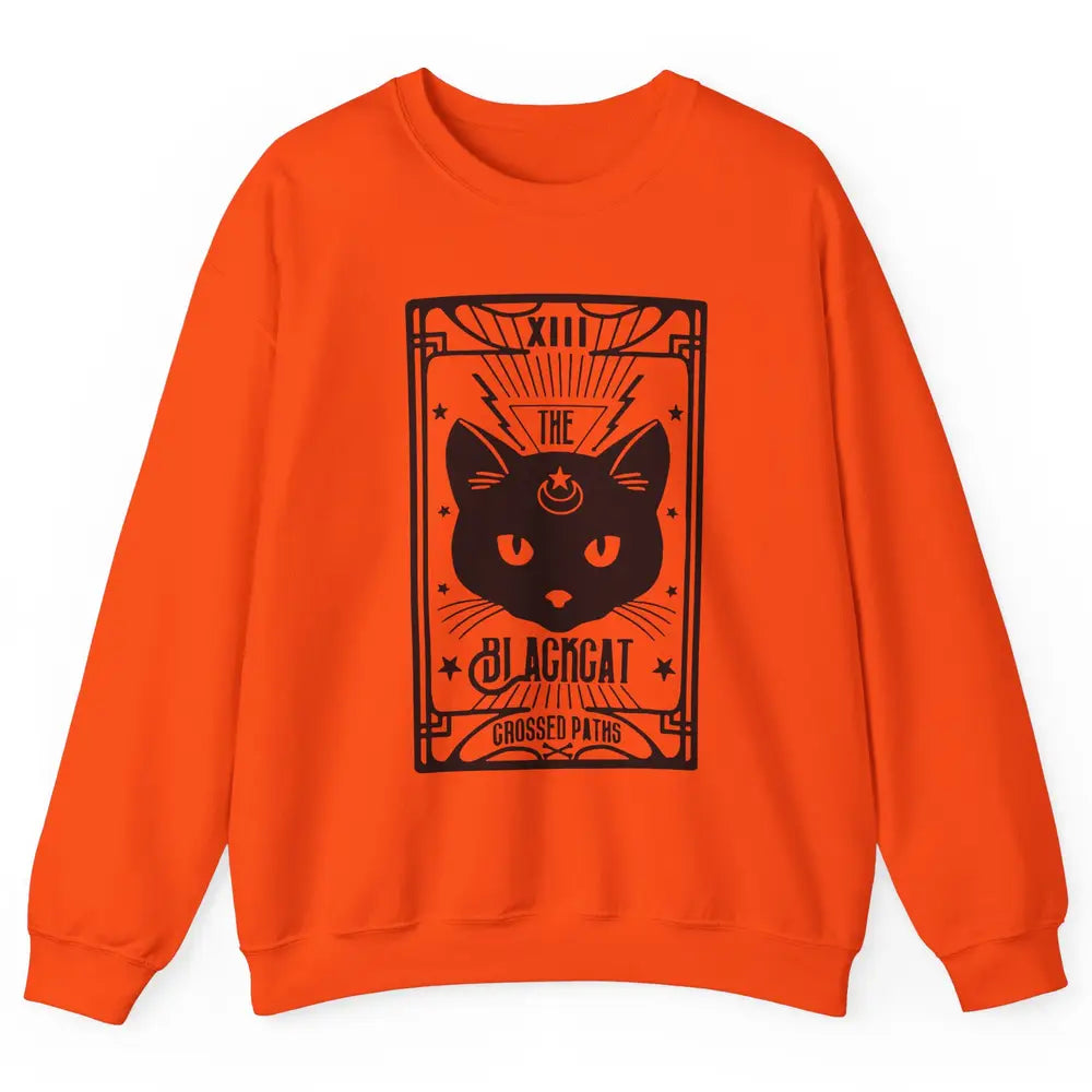 Retro Halloween Black Cat Crossed Path Tarot Card Witchcraft Unisex Crewneck Sweatshirt