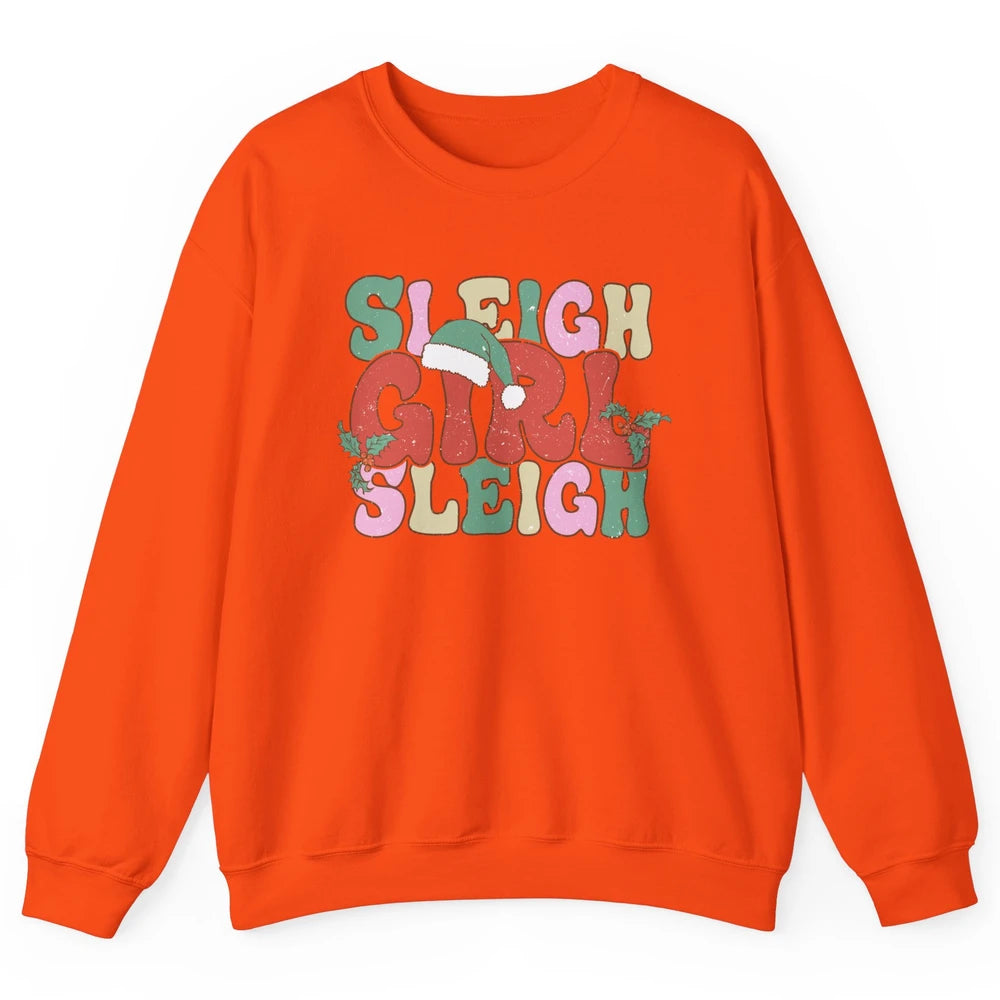 Retro Groovy Christmas Sleigh Girl Sleigh Santa Hat Winter Unisex Crewneck Sweatshirt